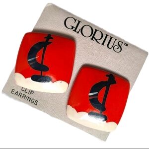 Vintage Glorius Red Square Sailboat Clip On Statement Earrings Costume Jewelry